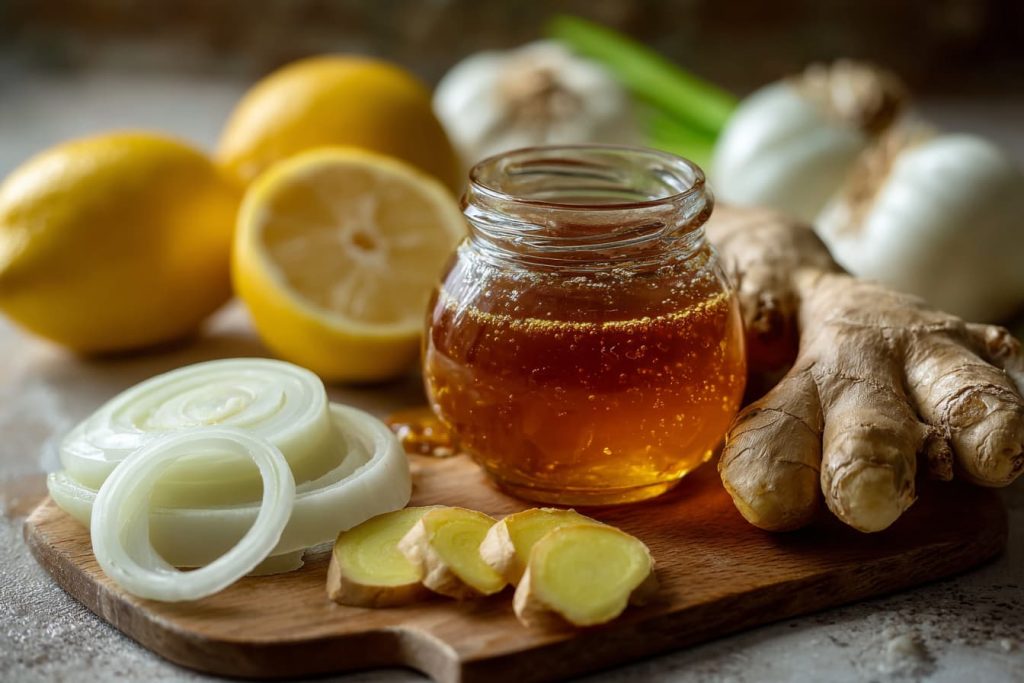 How to make cold and flu syrup - ingeredients, onion, honey, ginger, lemon