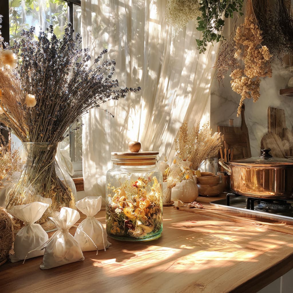 Cozy living room with diy natural home scents from candles, herbs, and essential oils.”