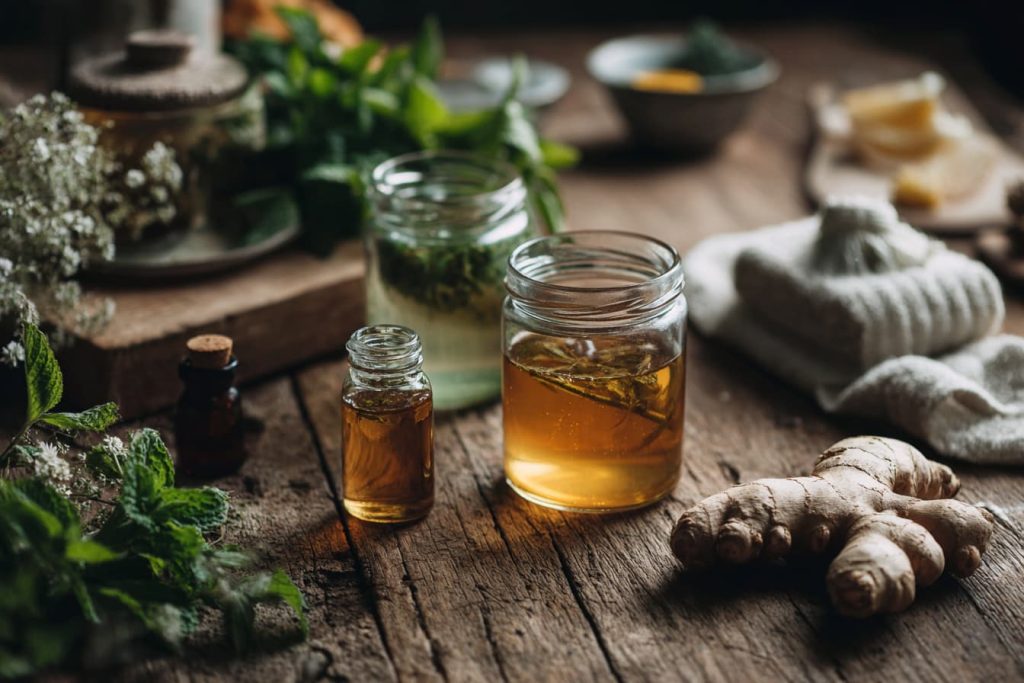 Flatlay of herbal teas, essential oils, and natural remedies for headache relief