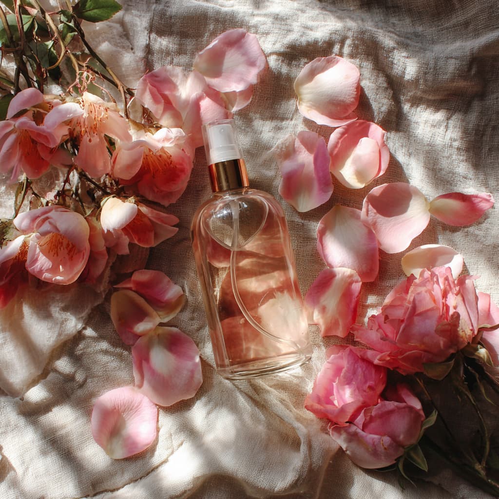 Rose water for skin and hair in a glass bottle with fresh rose petals, representing a natural beauty remedy for gentle skincare and hair care.