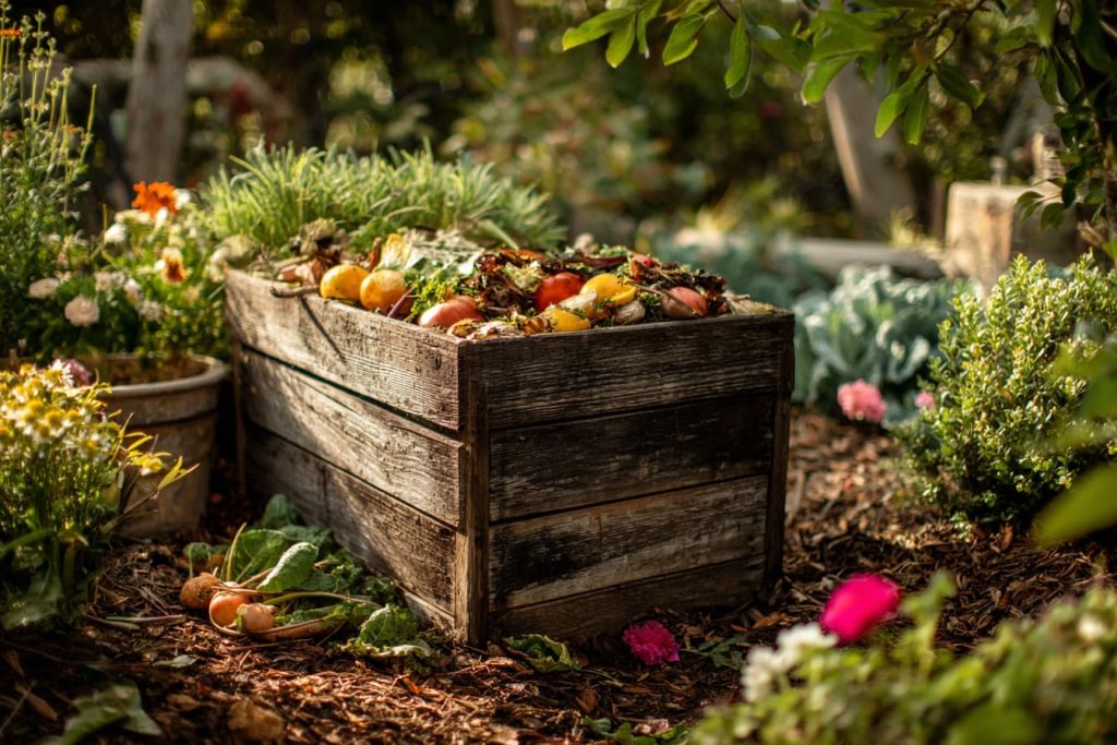 A Beginner’s Guide to a Zero-Waste Kitchen 3 Wooden compost bin in a backyard garden with plants around. Composting 101