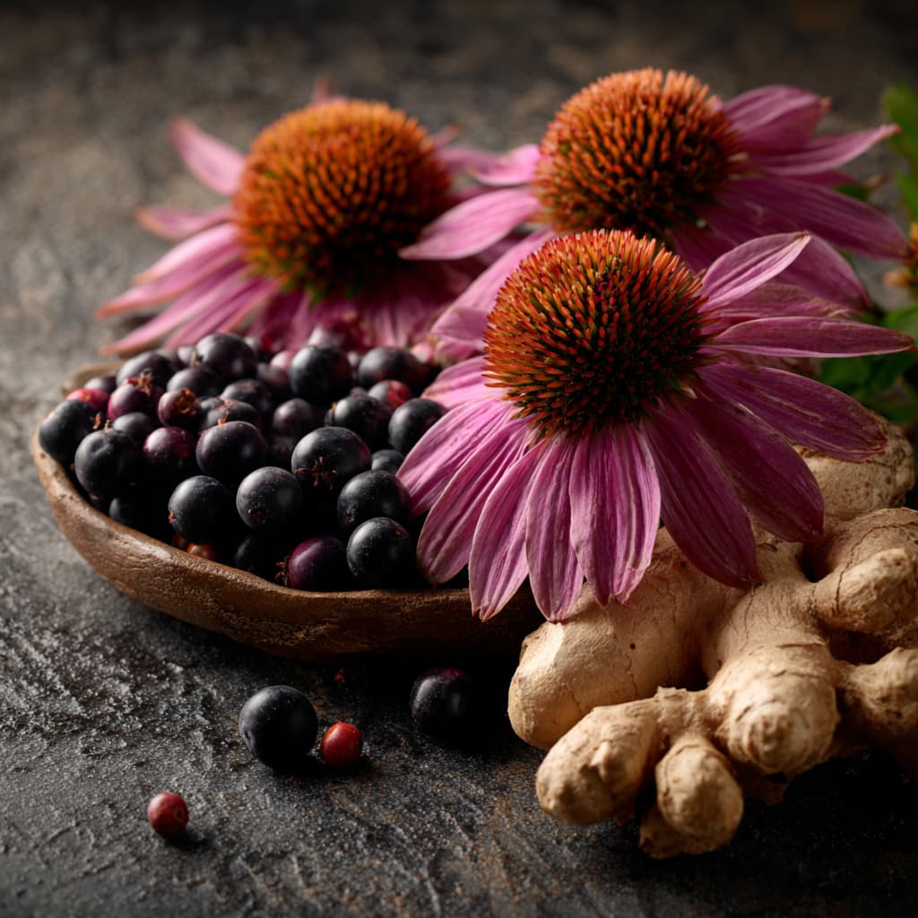 Echinacea, elderberry, and ginger displayed as natural herbal remedies to boost Immune System Naturally.