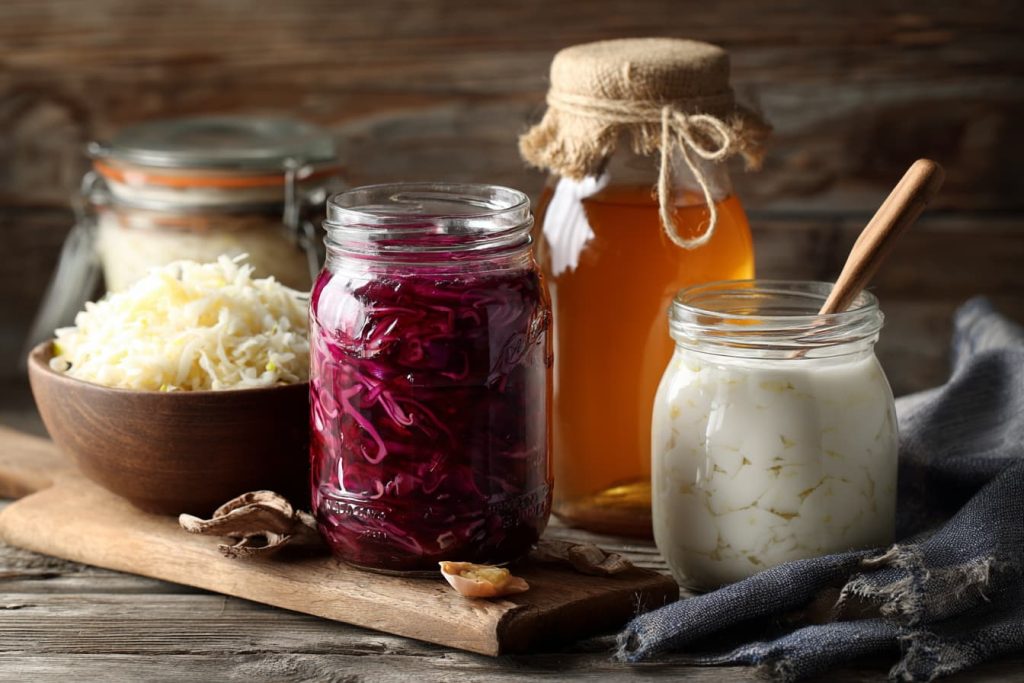 Fermented foods like yogurt, sauerkraut, and kombucha to support gut microbiome.