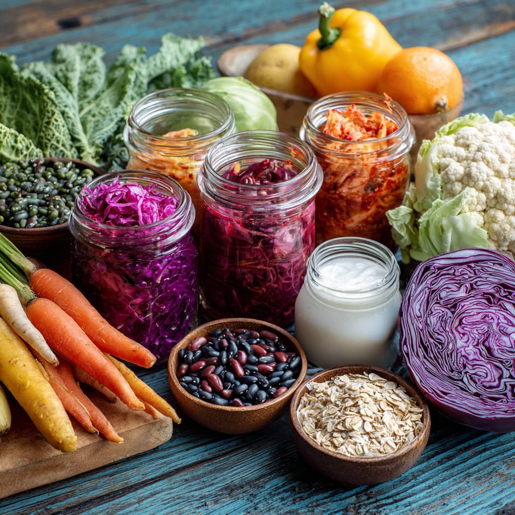 Gut health foods: fresh vegetables, legumes, and whole grains.