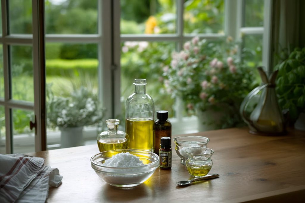 MSM powder and natural oils arranged in soft daylight near a window for natural hair care