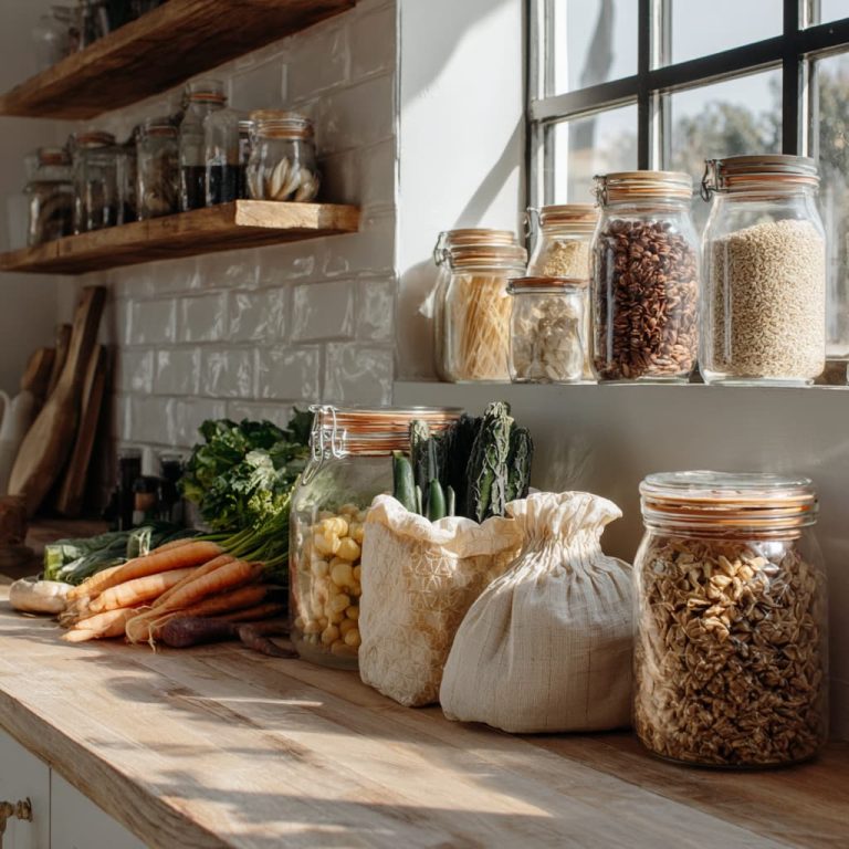Zero-waste kitchen with glass jars, reusable bags, and natural light.
