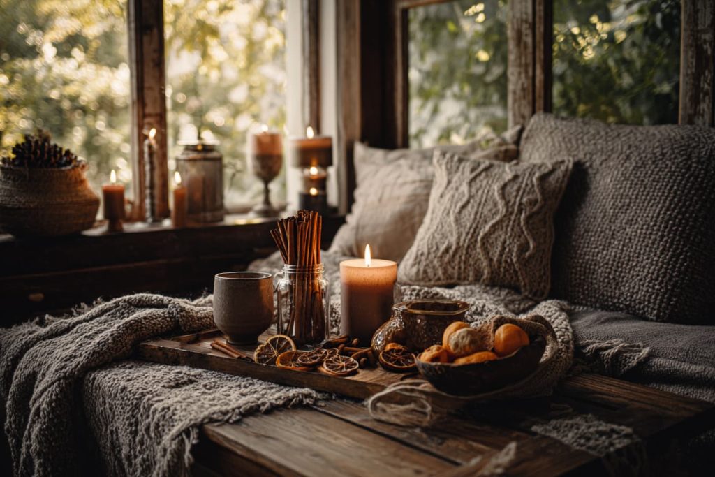 Warm cozy room with cinnamon, oranges, and candles for fall home rituals.