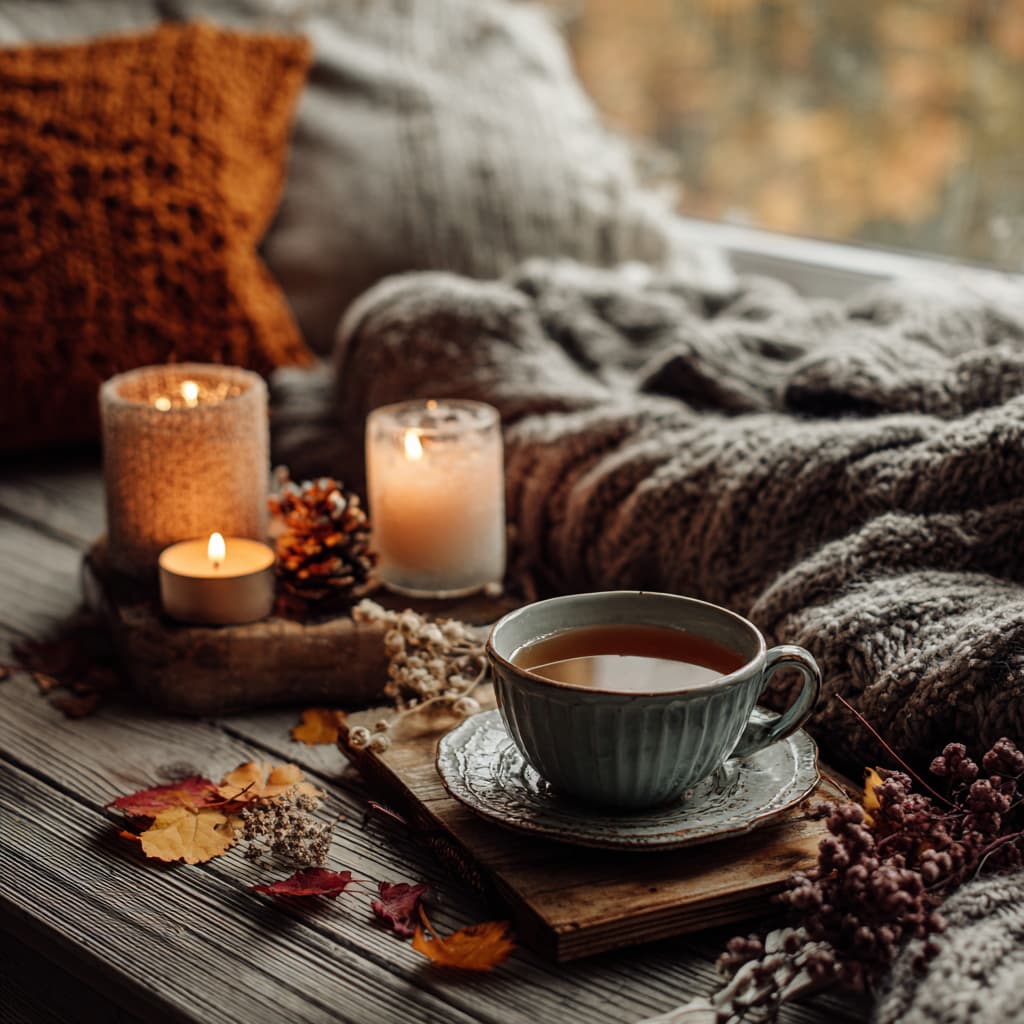 autumn wellness rituals with tea, candles and cozy atmosphere