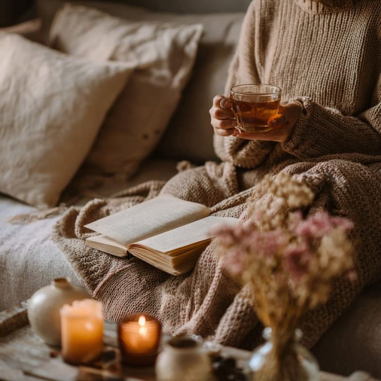 Natural remedies for menstrual pain - woman drinking tea resting with cozy blanket.