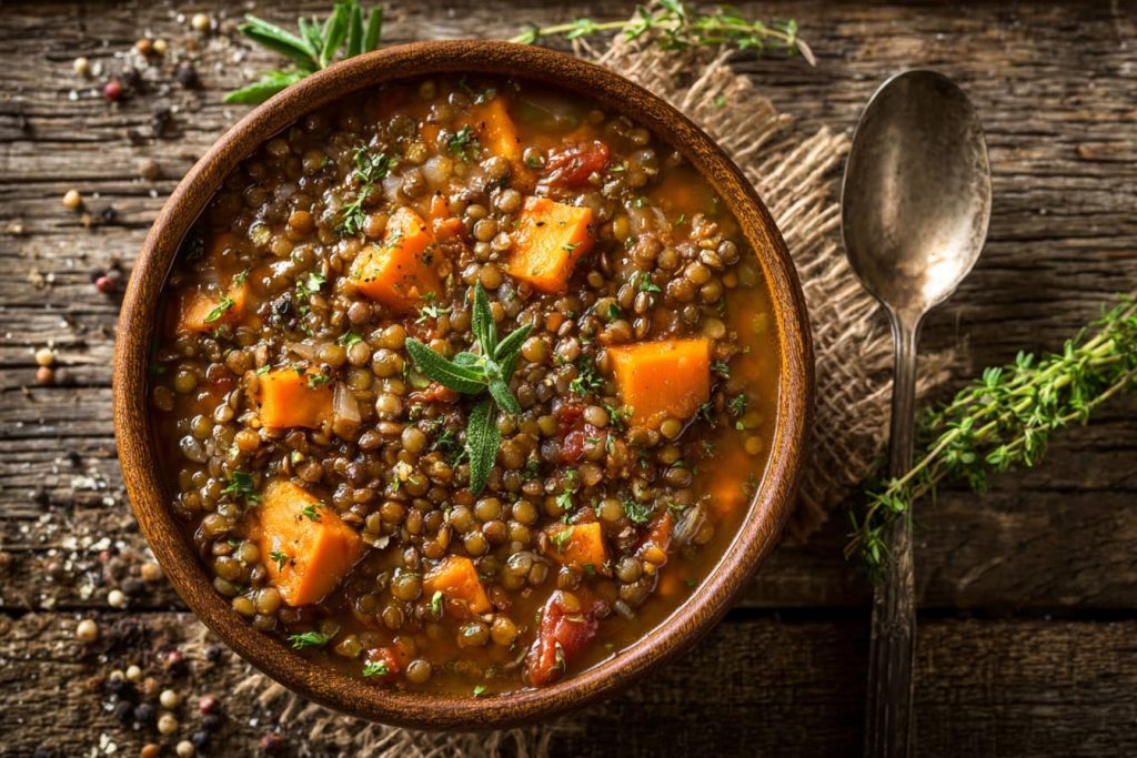 Bowl of lentil and sweet potato stew with herbs and rustic wooden background.