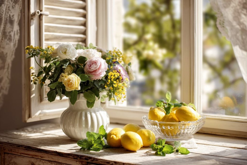 Lemons, mint, and sunlight through open windows representing natural spring home renewal.