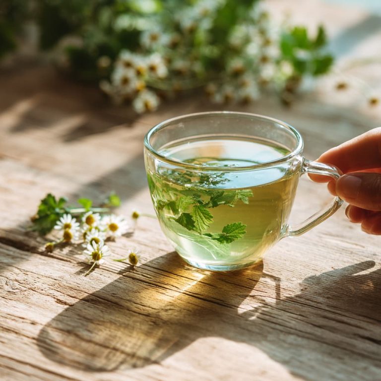A clear glass cup of calming herbal teas with chamomile flowers and herbs on a wooden table, glowing in warm natural sunlight.