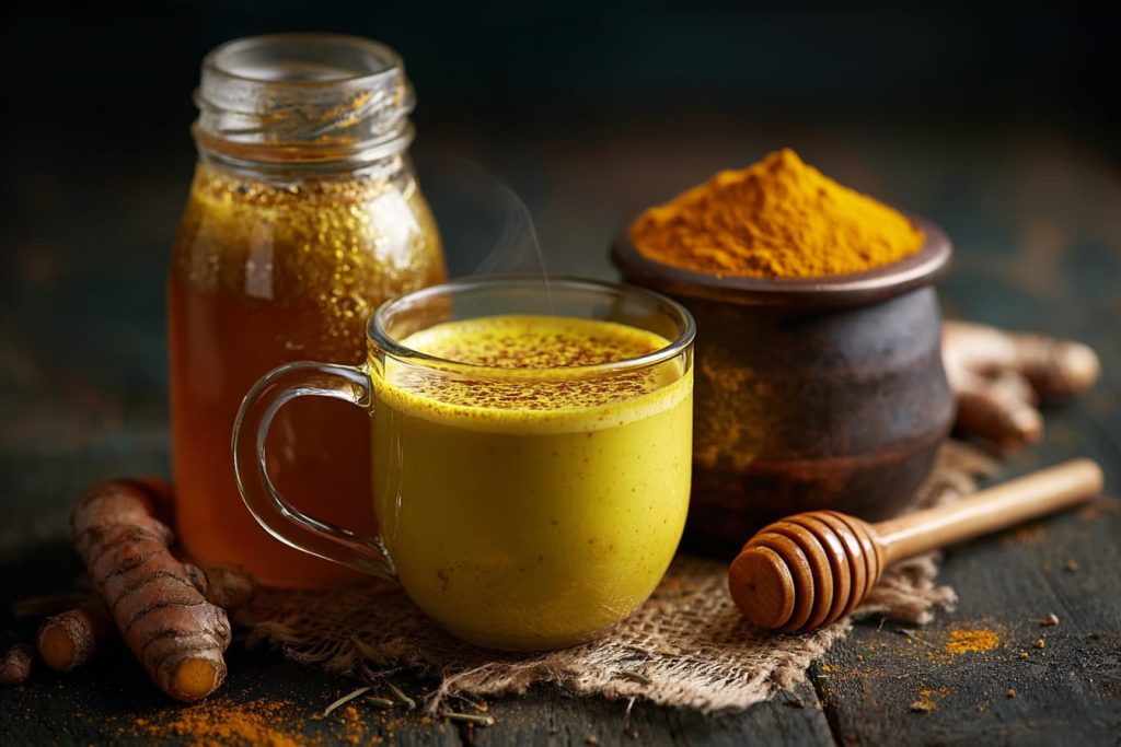 jar of honey, turmeric golden milk in a mug, natural remedies for sore throat