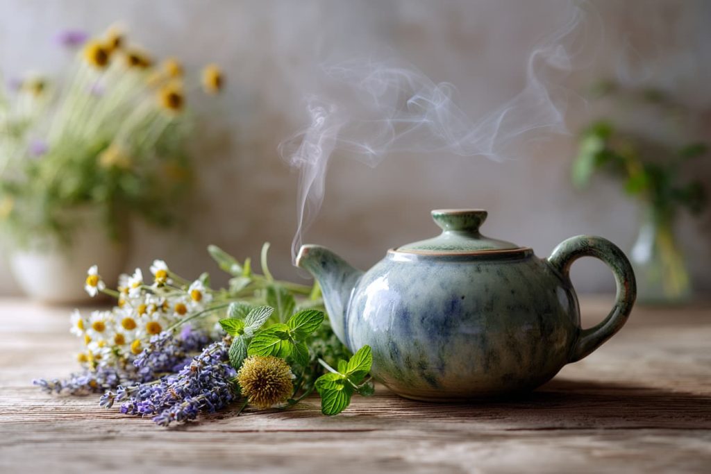 steam rising from the spout of a ceramic teapot surrounded by calming herbs like chamomile, lavender, and mint