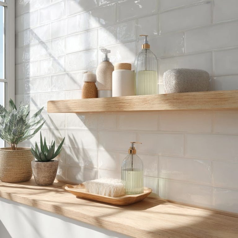 natural mold and mildew bathroom solutions - vinegar, baking soda, and essential oils arranged on a clean tile surface.