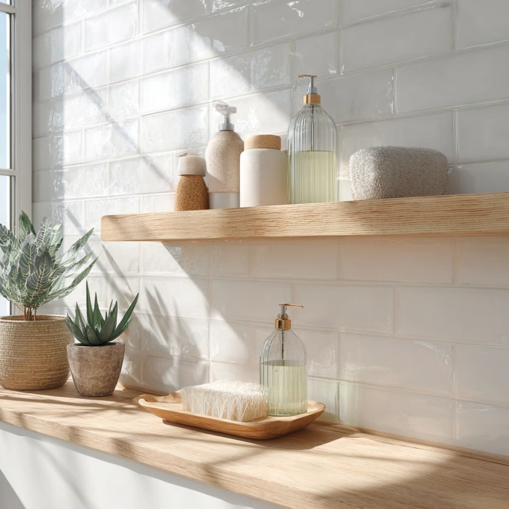 natural mold and mildew bathroom solutions - vinegar, baking soda, and essential oils arranged on a clean tile surface.