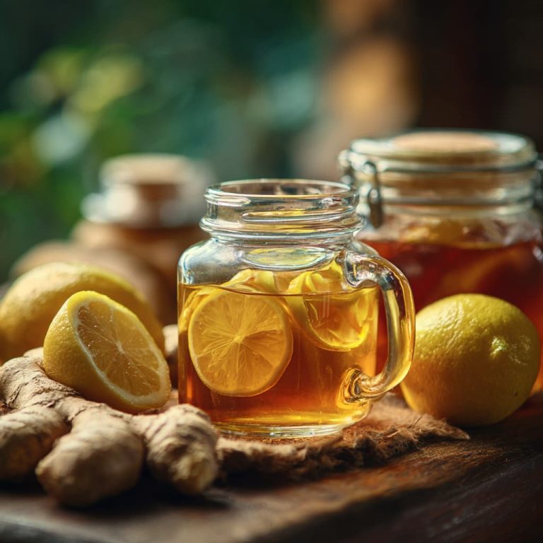 Warm herbal tea with lemon and honey on a wooden table: natural remedies for sore throat and cough.