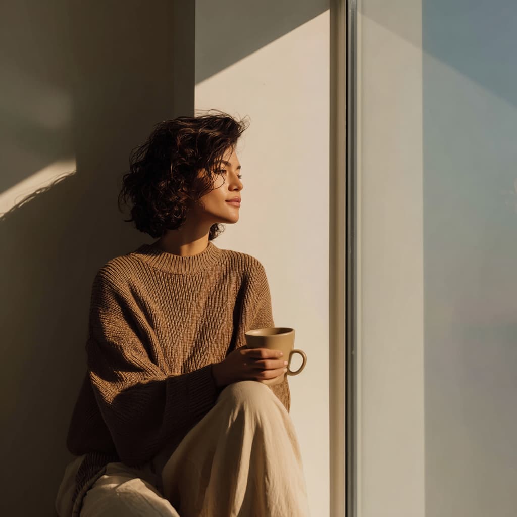Woman practicing Niksen — the Dutch art of doing nothing for mental reset.