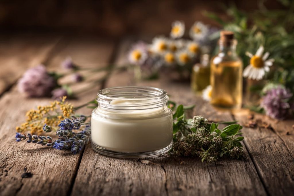 Homemade face cream surrounded by herbs and natural oils, illustrating a DIY moisturizer recipe for healthy skin.