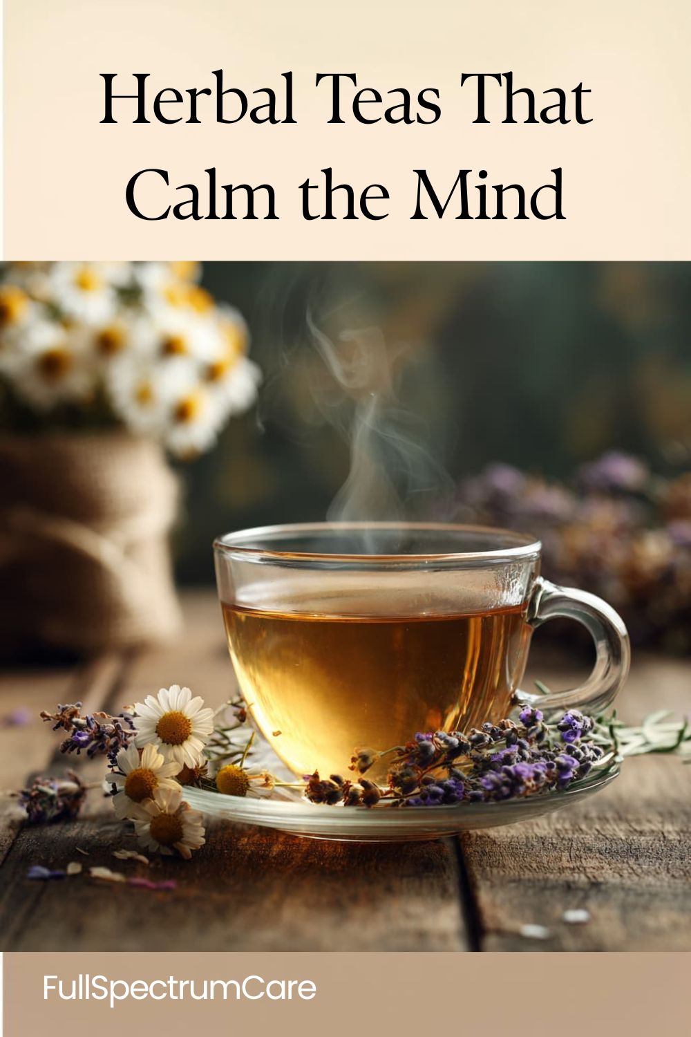 Warm cup of herbal tea surrounded by chamomile and lavender flowers on a wooden table, representing natural teas that calm the mind and support inner peace.
