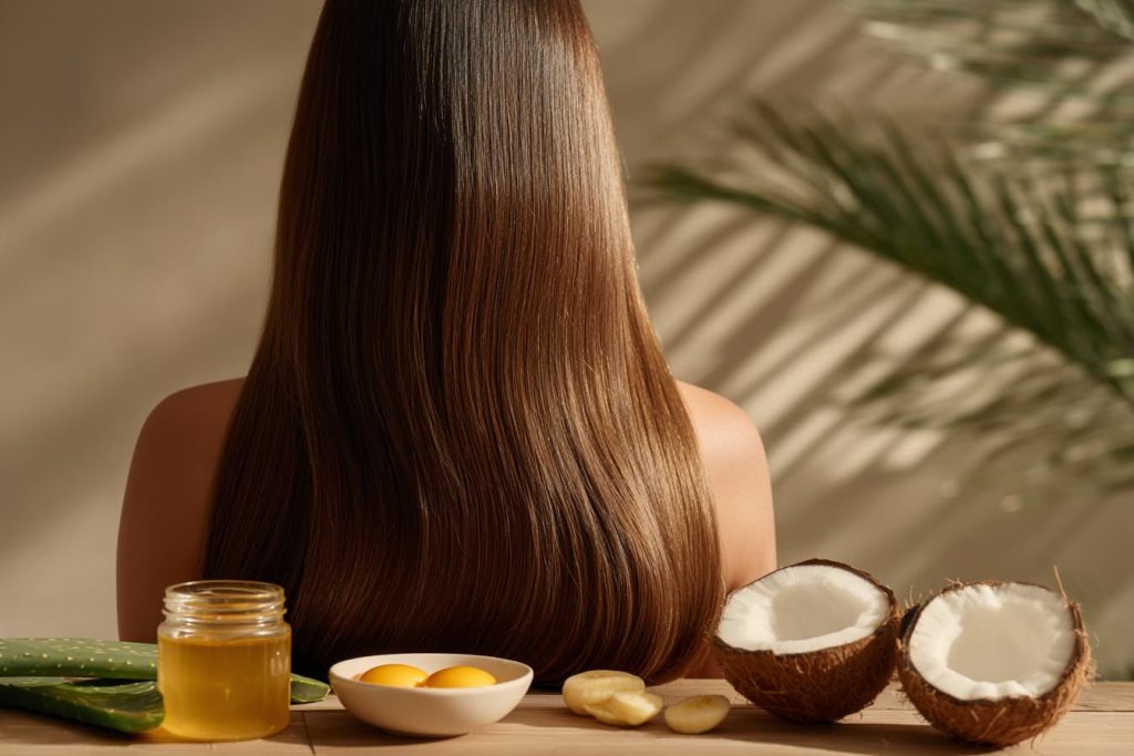 Female from the back with long, healthy, shiny hair. In the foreground: honey jar, coconut oil, fresh aloe leaves, sliced banana, egg yolks in a small bowl