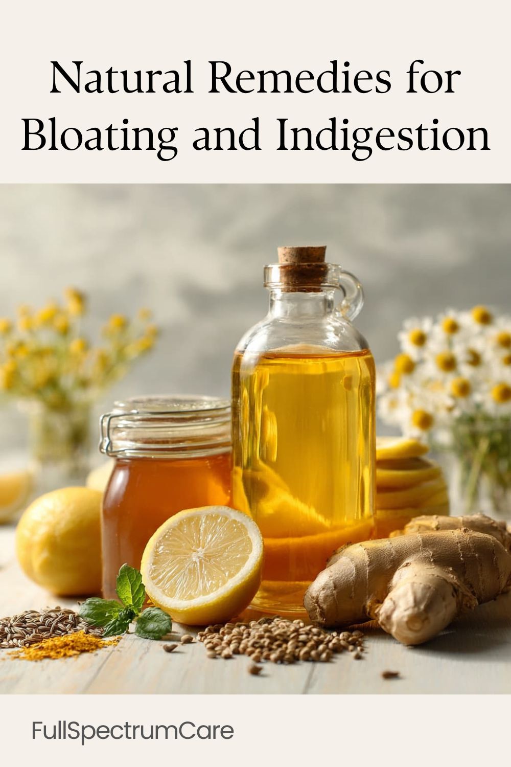 Flatlay of natural digestion remedies including ginger, peppermint, fennel seeds, lemon, chamomile, and apple cider vinegar, ingredients used to reduce bloating and soothe indigestion naturally.