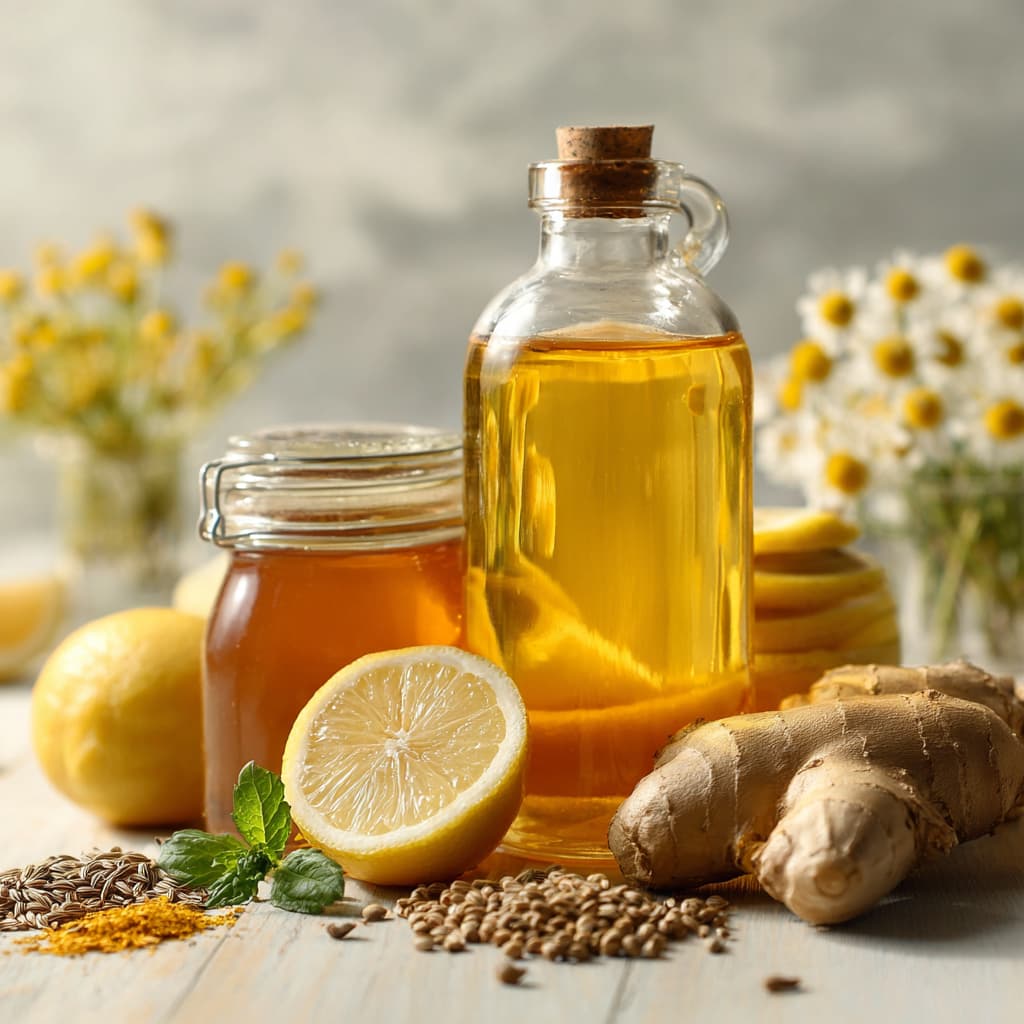 Natural remedies for bloating including ginger, lemon, peppermint, fennel seeds, chamomile, and apple cider vinegar.