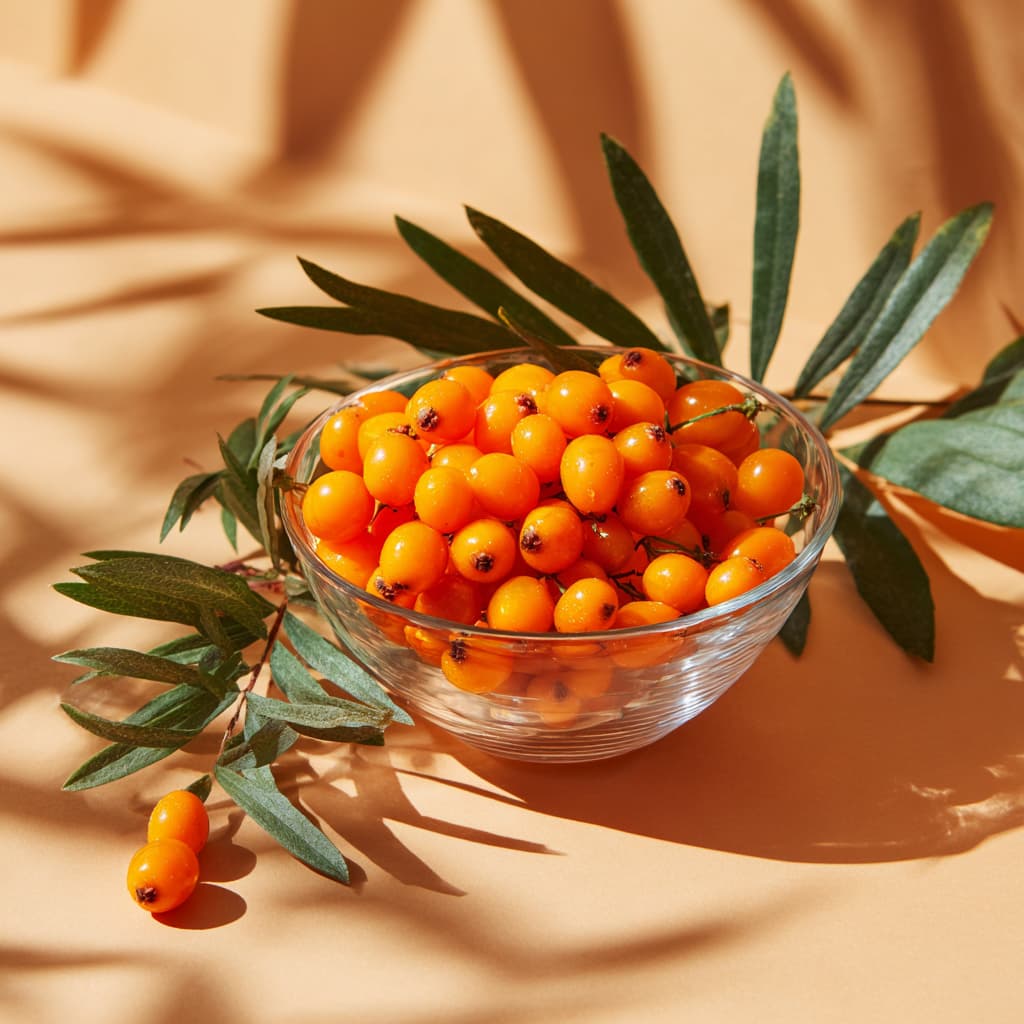 Sea buckthorn benefits: a small glass bottle with fresh orange berries around it, soft morning light, warm tones