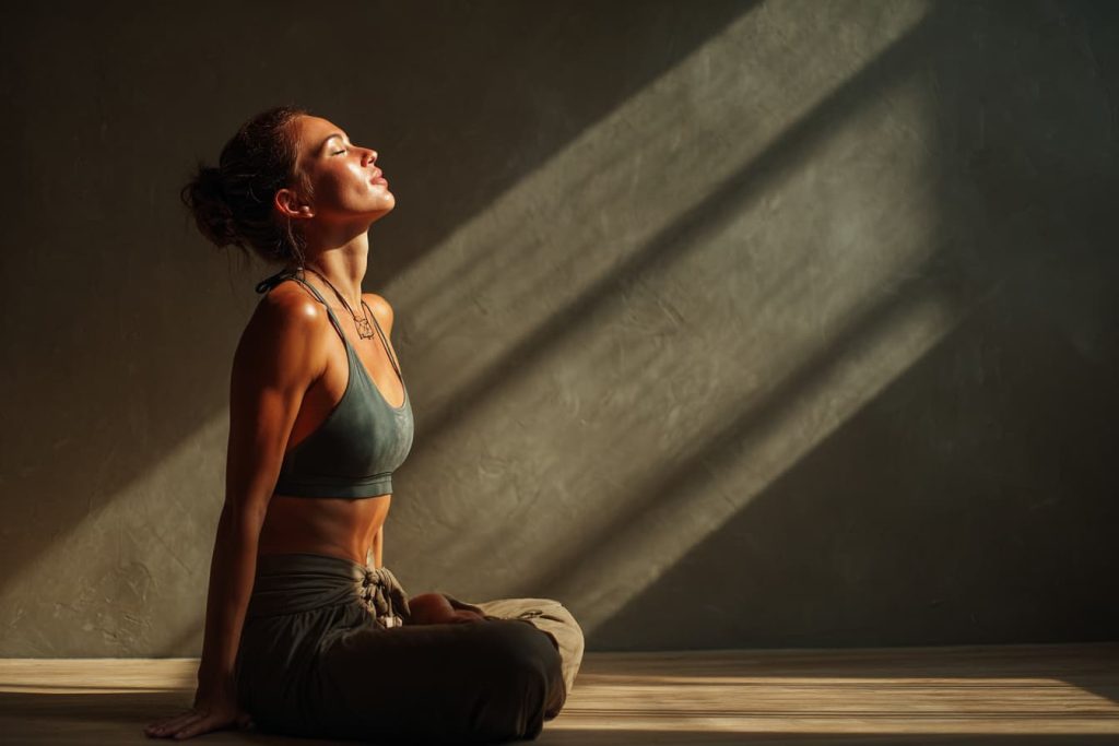 a beautiful woman sitting in yoga pose practices breathwork for stress