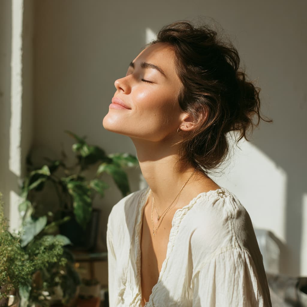 Breathwork for stress - a woman practicing calm breathing in natural sunlight near a window, illustrating how breathwork for stress supports relaxation and nervous system balance.