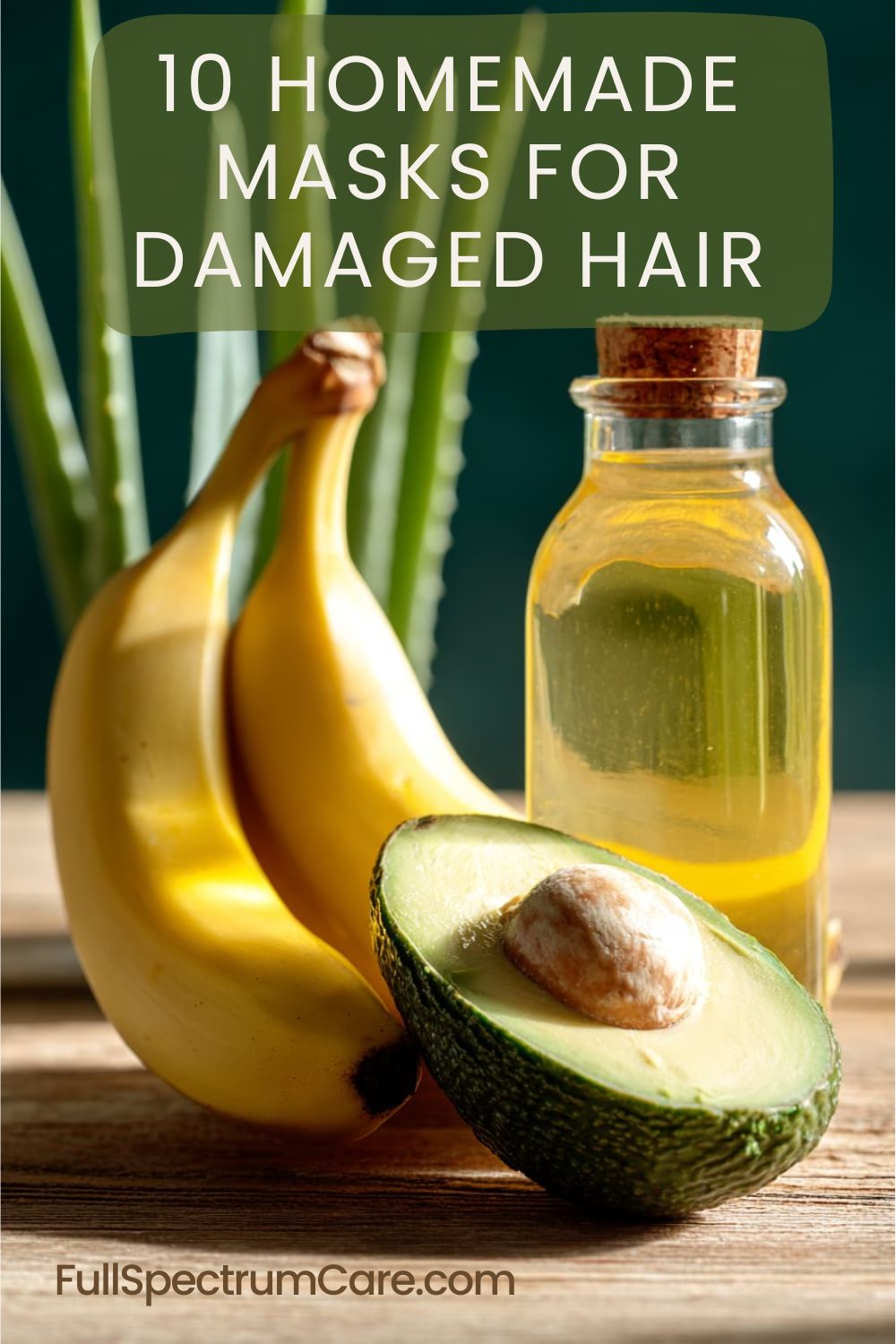 Flat lay of natural hair mask ingredients including honey, banana, aloe vera, and oils on a warm wooden surface, representing homemade masks for repairing damaged hair.