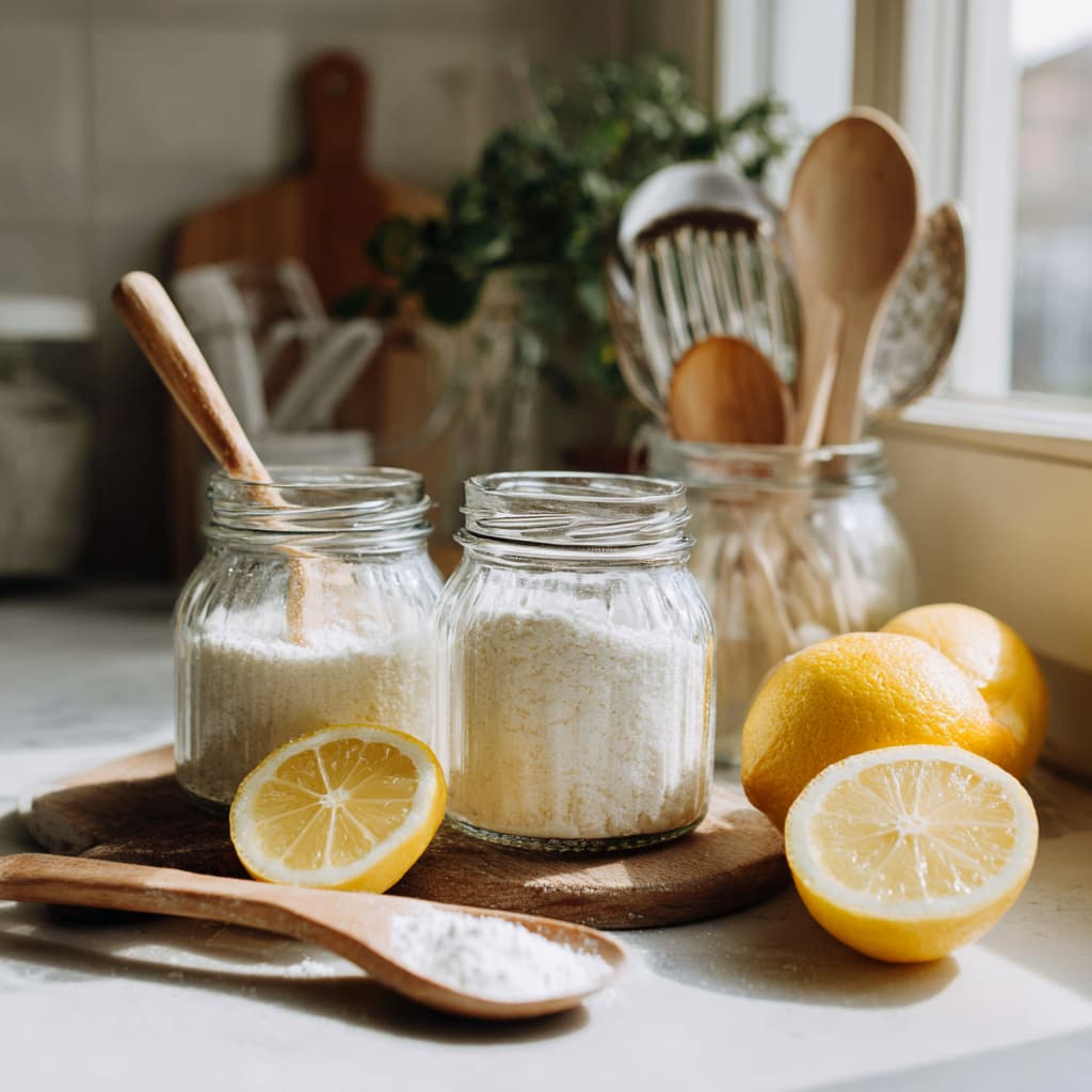DIY natural dishwashing solutions in glass jars with baking soda and lemon on a kitchen counter