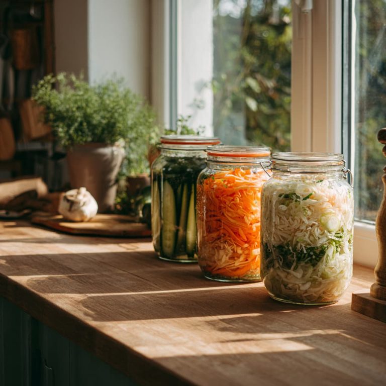Homemade fermented vegetables in glass jars, illustrating fermented foods for gut health.
