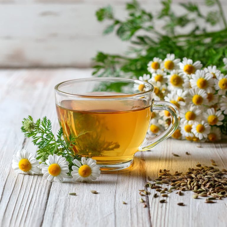 herbal teas for digestion with chamomile, peppermint and fennel in a calming wellness setting