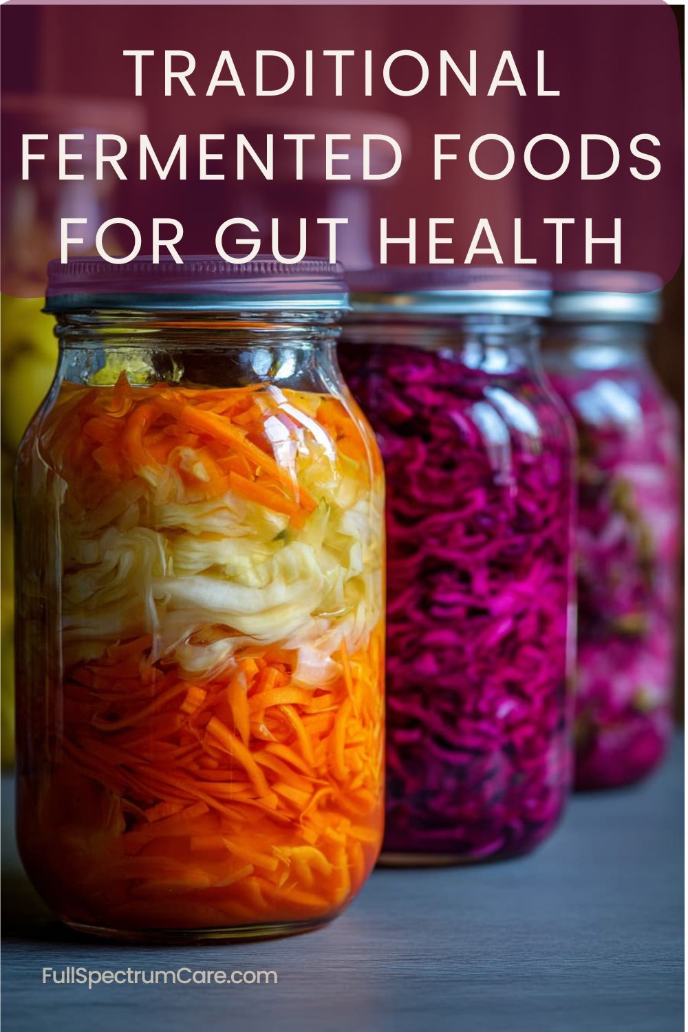 Homemade fermented vegetables in glass jars, rich in natural probiotics that support gut health and digestion.