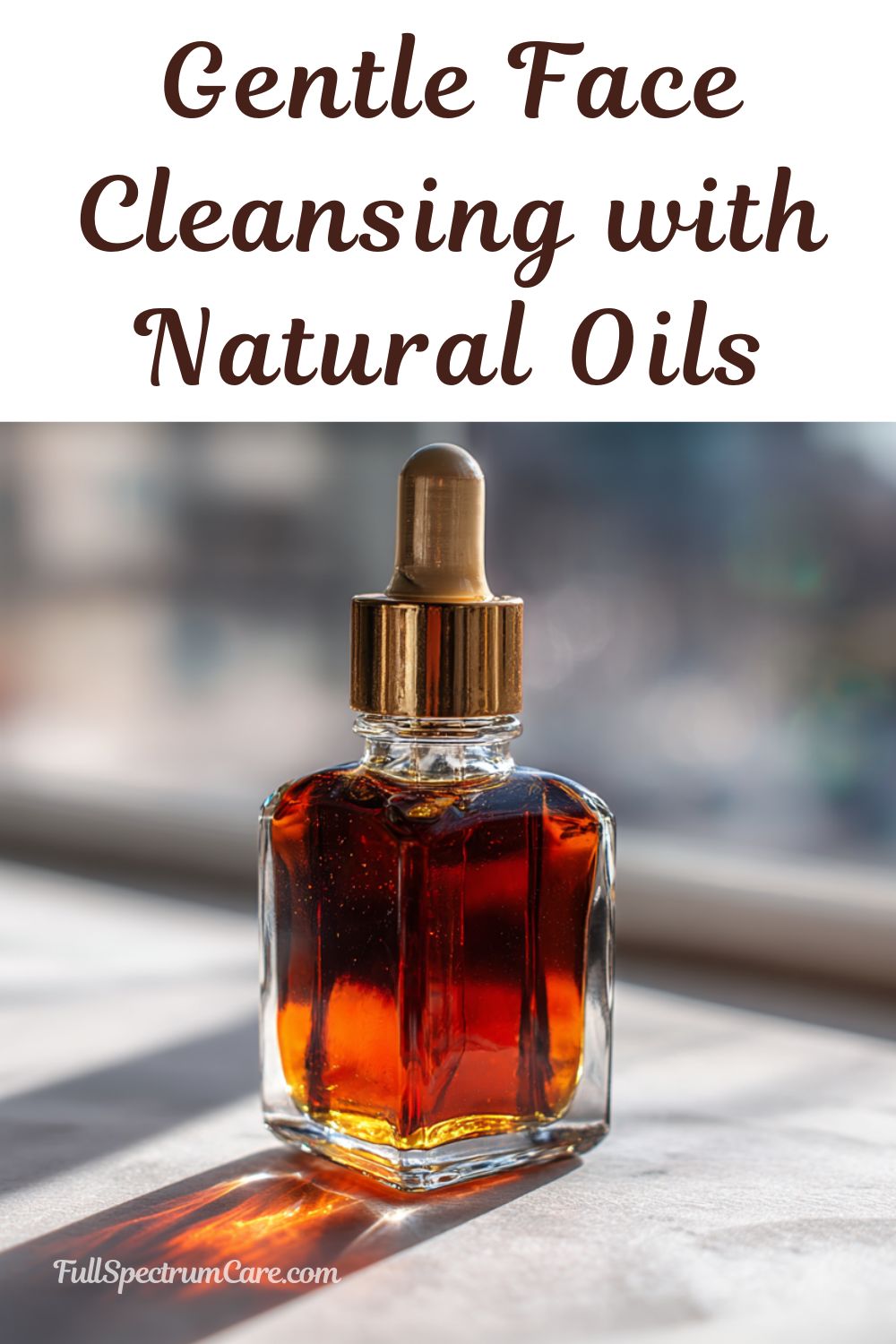 Oil cleansing method using natural facial oils to gently cleanse the skin, showing a calm skincare ritual focused on balance and hydration.