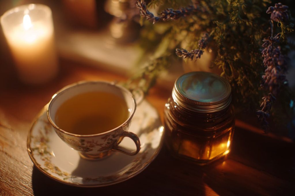 evening stress relief ritual with herbal tea and oils for nervous system calm