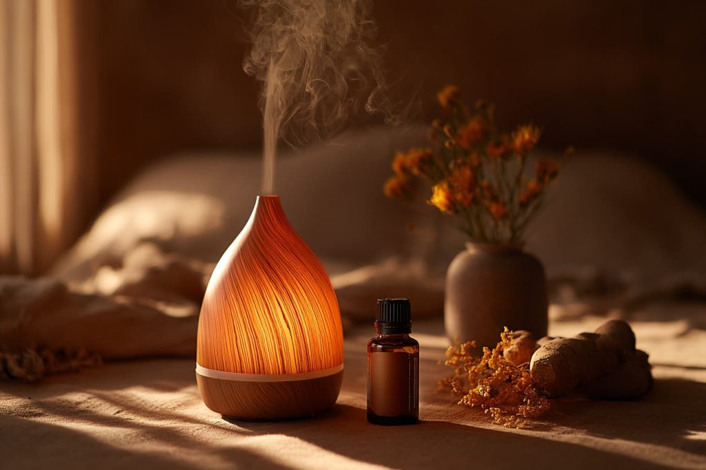 Aromatherapy frankincense and vetiver essential oils for stress relief in a calming home ritual