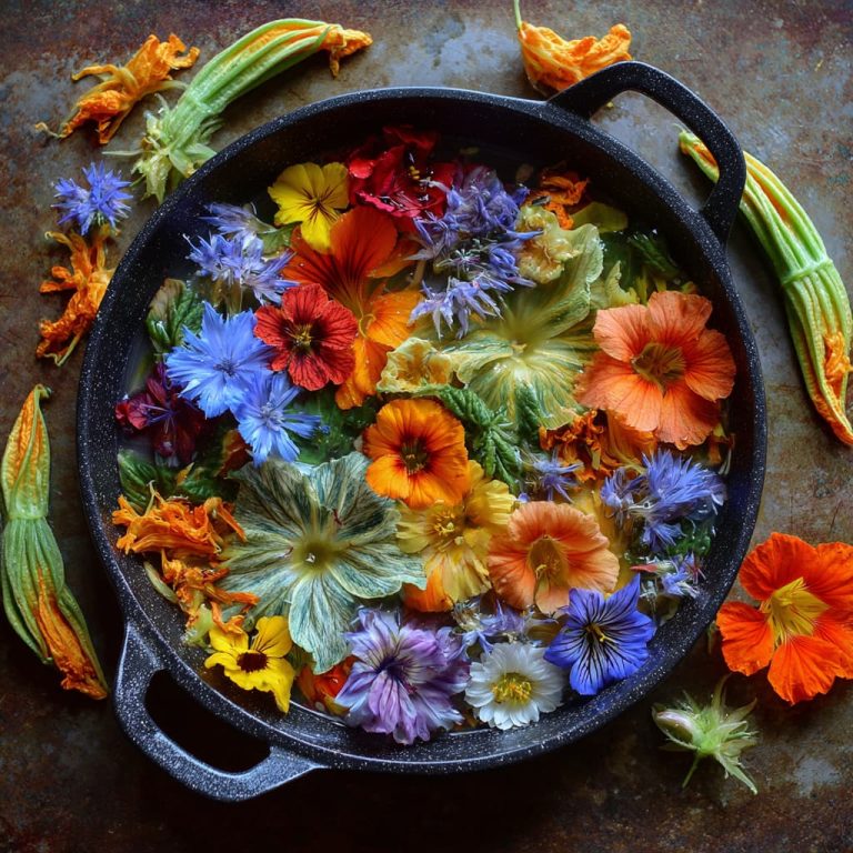 Assorted edible flowers including borage, calendula, violets, and sunflower petals arranged naturally.