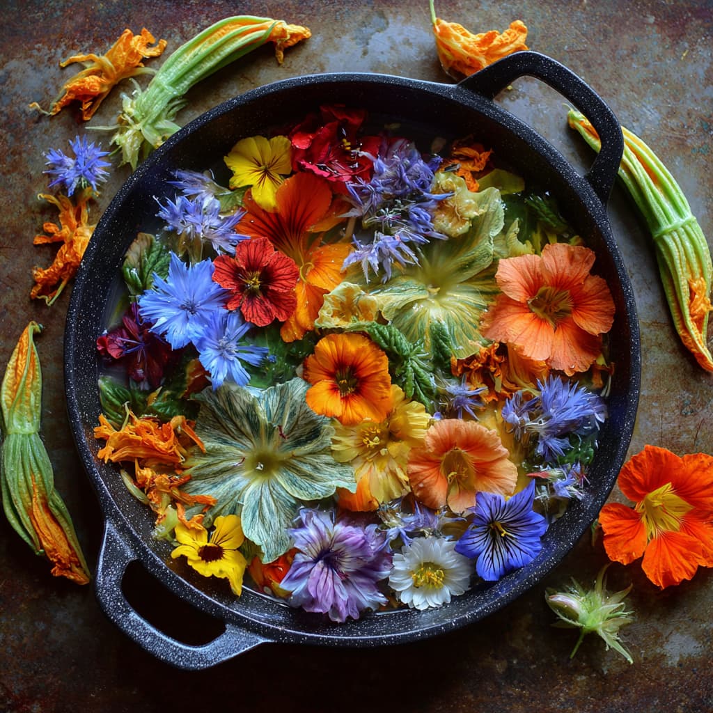 Assorted edible flowers including borage, calendula, violets, and sunflower petals arranged naturally.