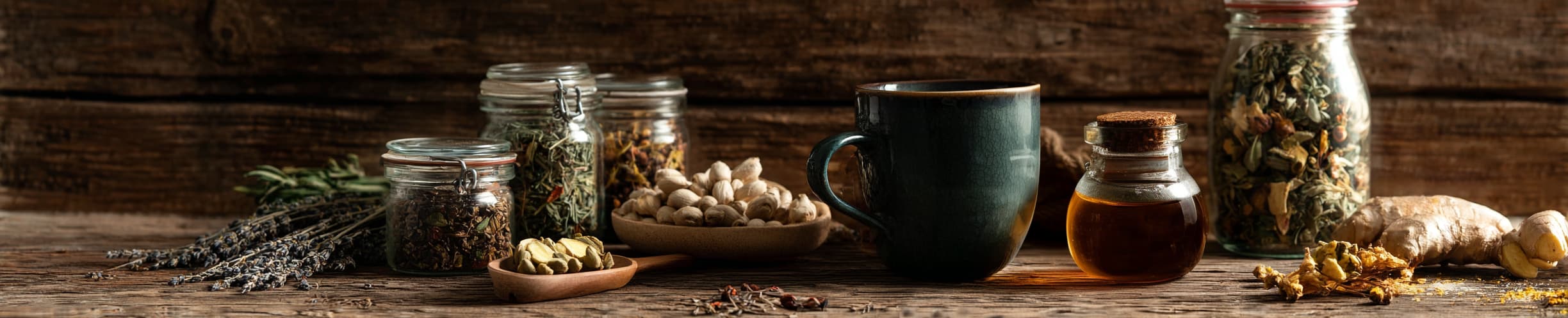 Natural remedies - dried herbs in small glass jars, herbal tea in a ceramic mug, honey and ginger