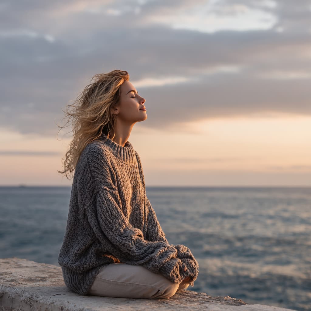 Natural remedies for stress relief - woman practicing mindful breathing by the ocean at sunset as part of natural stress relief rituals