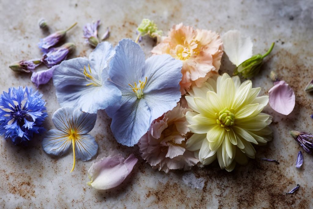 A curated collection of less common edible flowers arranged on a rustic stone surface, including borage, chrysanthemum, gladiolus petals, hibiscus, lilac, jasmine, clover blossoms, chicory flowers, sunflower petals