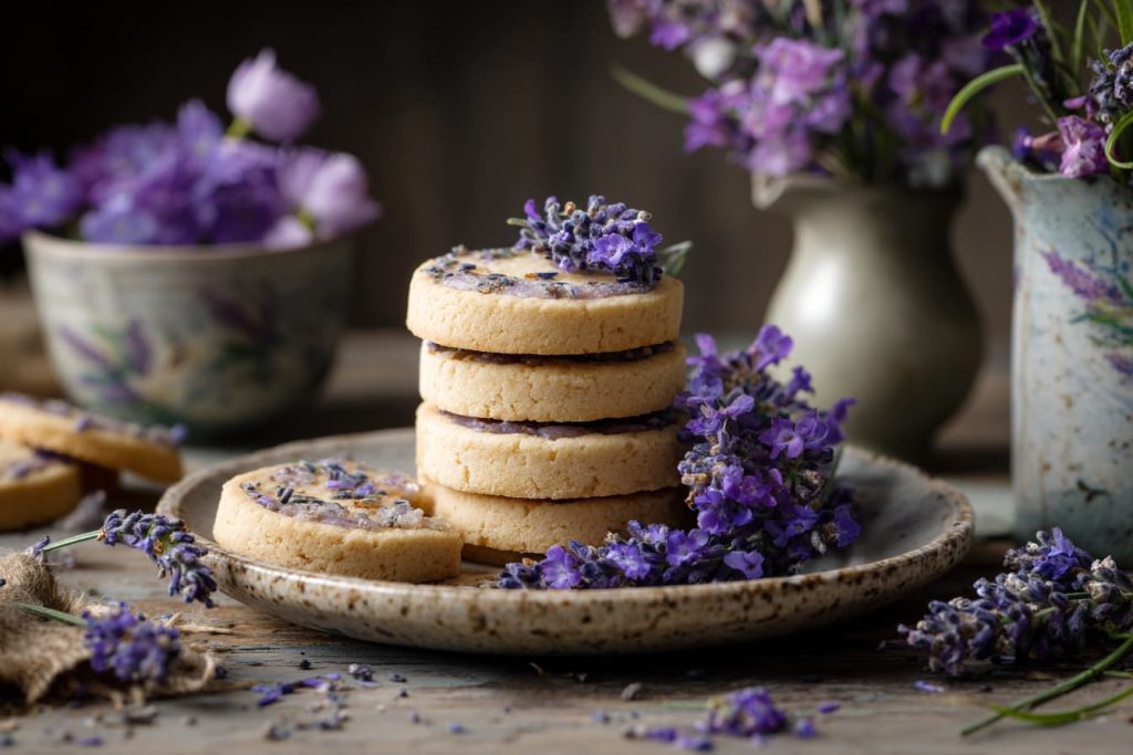 lavender shortbread cookies with edible lavender flowers