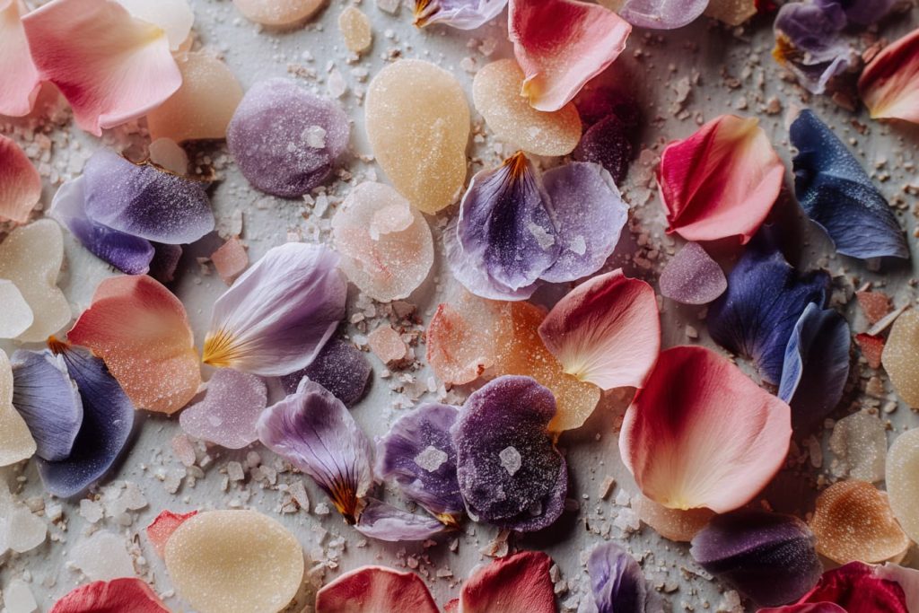 candied edible flowers with sugar crystals