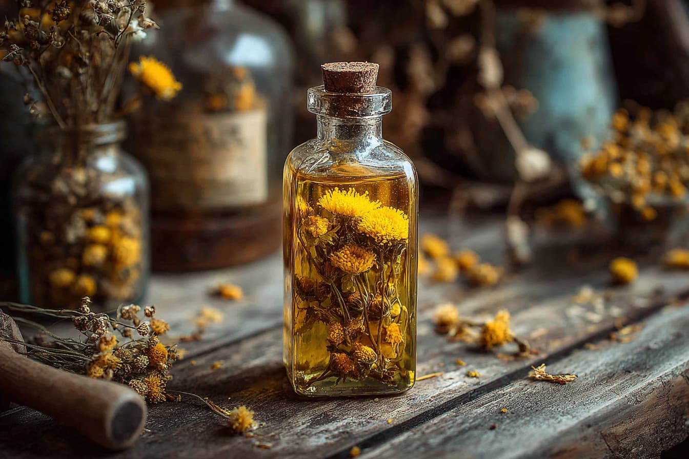 immortelle oil for skin care - infused oil with dried flowers