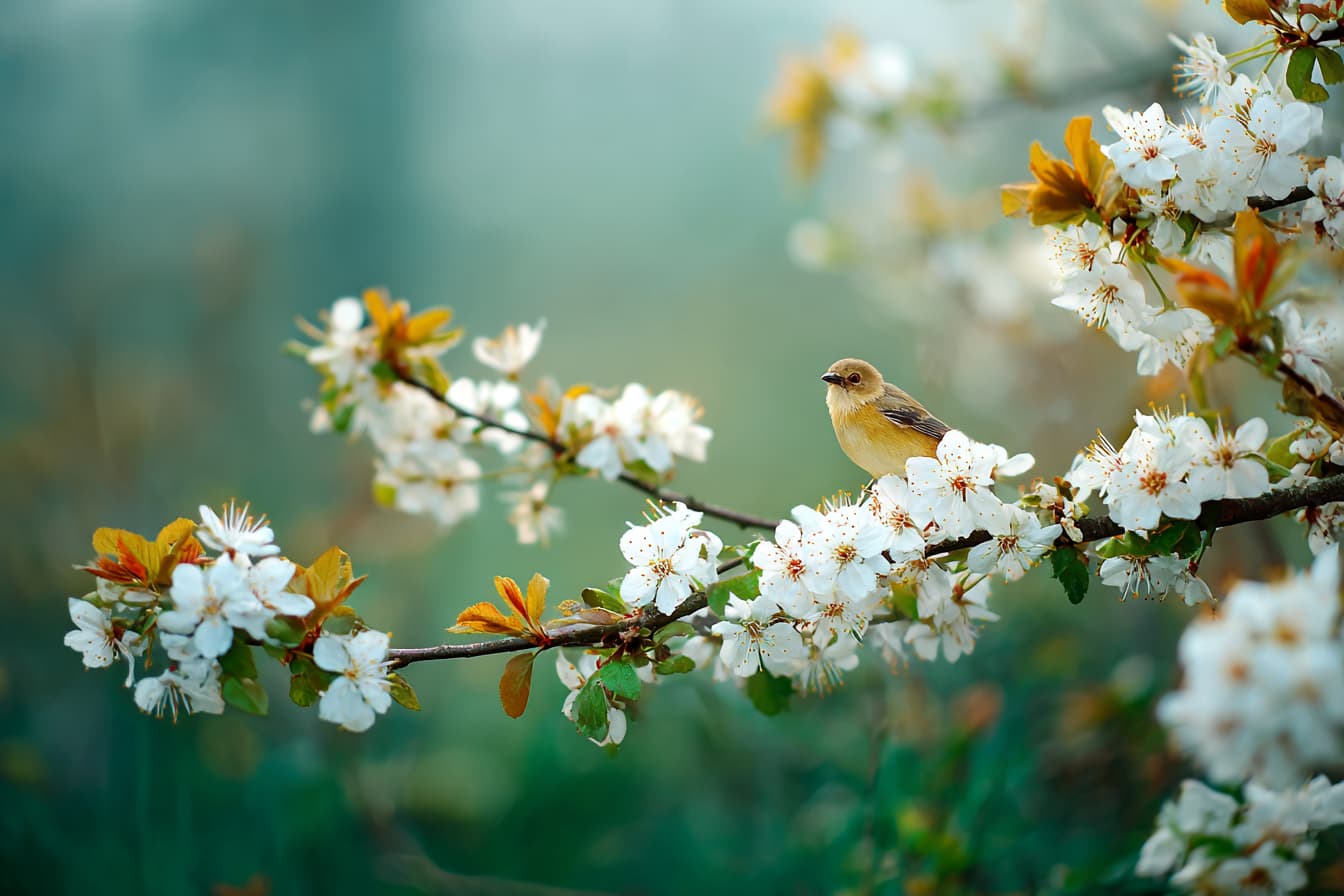 spring reset routine - morning landscape, blooming tree covered in flowers, lush green grass, tiny bird perched on a blossom branch