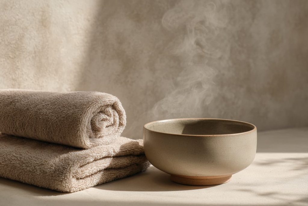 warm compress setup for natural dry eye relief and tired eye support